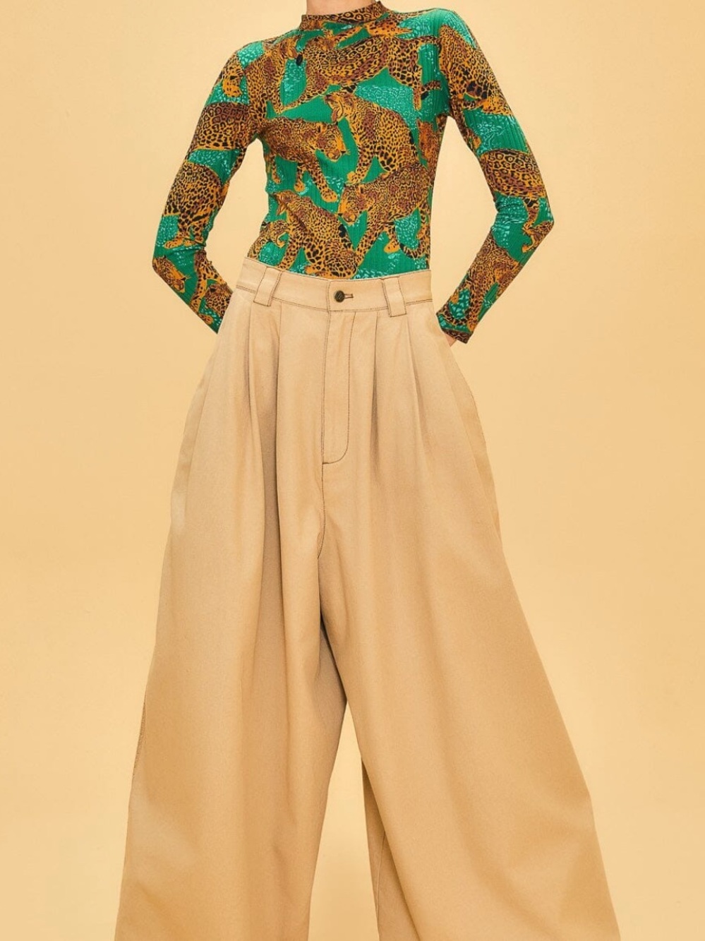 Farm Rio Khaki Wide Leg Palazzo Pants Low Rise Pleated 100% Cotton S - Picture 3 of 15